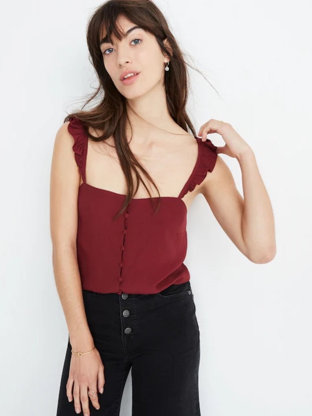 Madewell Ruffle-Strap Cami Top in Dusty Burgundy